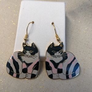 Meow brand. Two pair of cat and floral cloison type pierced earrings
